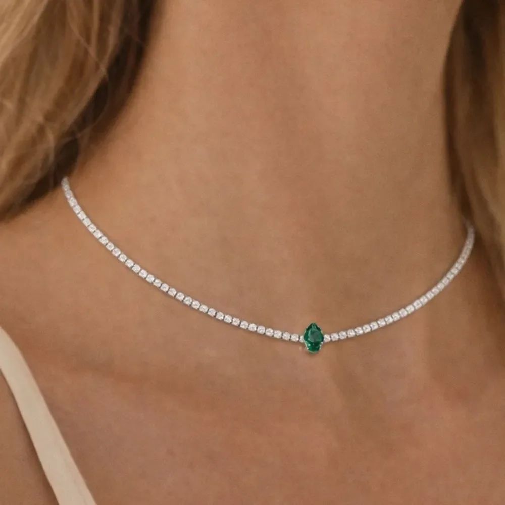 Elegant Silver Tennis Choker Necklace with Emerald Teardrop R339